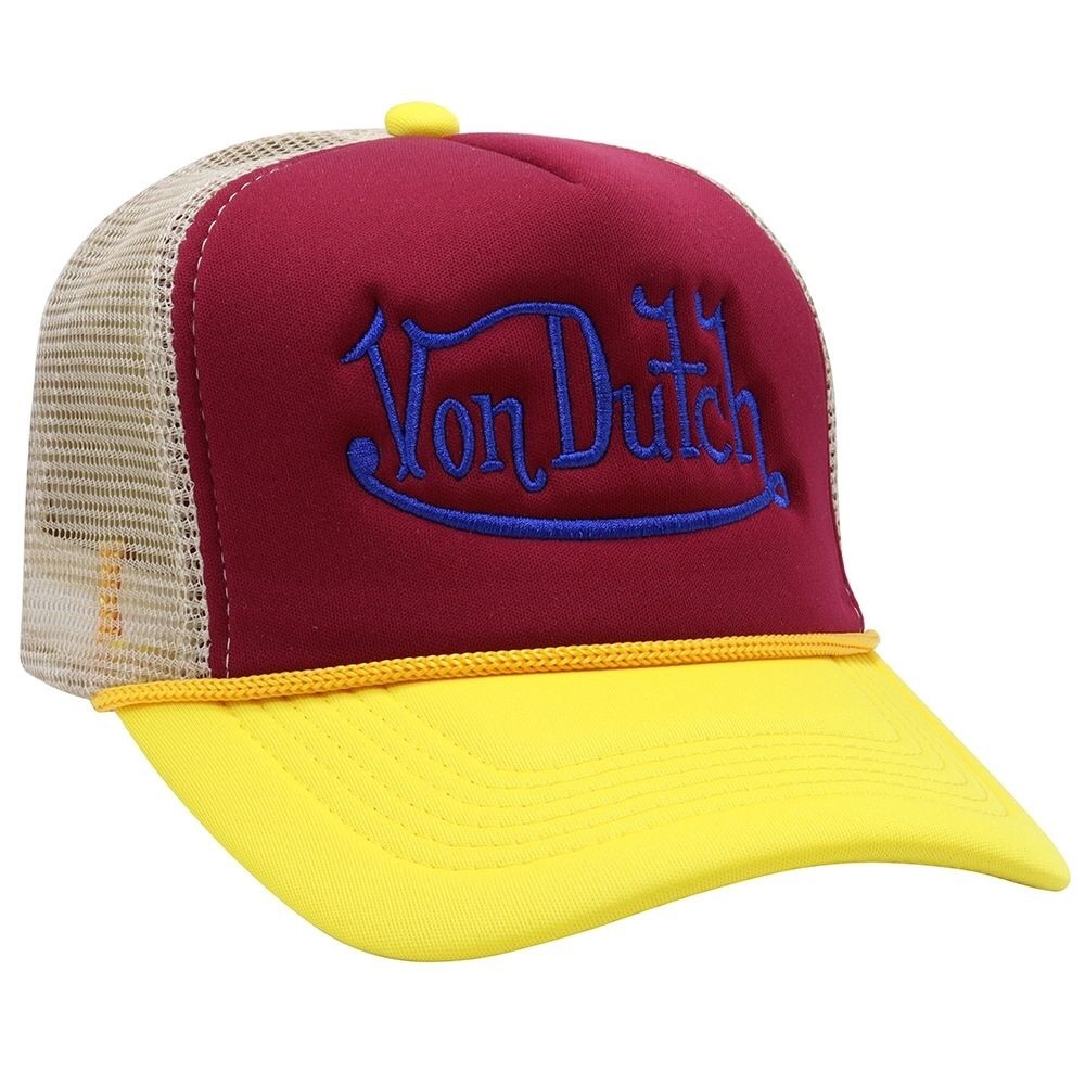 Von Dutch Burgundy and Yellow Trucker Cap with Blue Logo